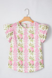Pink Floral Print Ruffled Sleeve Summer Top