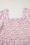 Pink Frilly Shirred Bodice Tiered Floral Maxi Dress