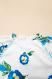 White Plus Size Floral Short Puff Sleeve Contrast Tie V Neck Dress