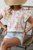 Pink Floral Print Ruffled Sleeve Summer Top