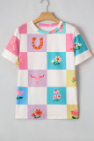 Sky Blue Western Fashion Checker Print Crewneck T Shirt