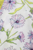 Purple Floral Print Striped Detail Split Neck Flounce Short Sleeve Peplum Blouse
