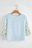 Sky Blue Stripe 3/4 Floral Puff Sleeve Patchwork Drop Shoulder Top