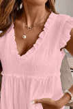 Light Pink Textured Ruffled Trim V Neck Flutter Flowy Top