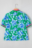 Green Floral Print Short Puff Sleeve Plus Size Top