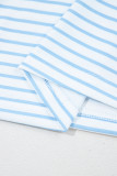 Sky Blue Stripe 3/4 Floral Puff Sleeve Patchwork Drop Shoulder Top