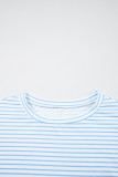 Sky Blue Stripe 3/4 Floral Puff Sleeve Patchwork Drop Shoulder Top