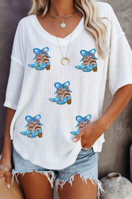 White Patriotic Bow Boots Patched Breathable Texture V Neck Loose Tee