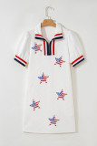White July 4th Sequined USA Flag Star Patched Textured Collared T Shirt Dress