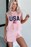 Light Pink USA Flag Graphic Tank Top and Skort Short Set
