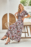 Brown Mesh Leopard Floral Reversible V Neck Short Sleeve Dress