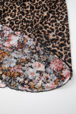 Brown Mesh Leopard Floral Reversible V Neck Short Sleeve Dress