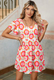 Rose Floral Print Square Neck Lace up Back Ruffled Sleeve Dress