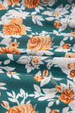 Green Floral Print Trimmed V Neck Tie Waist Sleeveless Holiday Long Dress