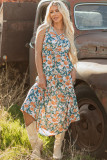 Green Floral Print Trimmed V Neck Tie Waist Sleeveless Holiday Long Dress