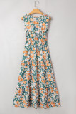 Green Floral Print Trimmed V Neck Tie Waist Sleeveless Holiday Long Dress