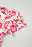 Rose Floral Print Square Neck Lace up Back Ruffled Sleeve Dress