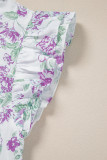 Purple Floral Print Ruffle Sleeve Frilly Button Up Shirt
