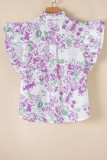 Purple Floral Print Ruffle Sleeve Frilly Button Up Shirt
