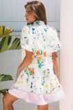 White Floral Print Contrast Striped Patchwork Short Puff Sleeve Dress