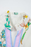 White Floral Print Contrast Striped Patchwork Short Puff Sleeve Dress