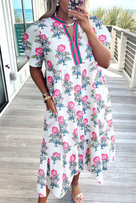 White Allover Print Contrast Split Neckline Short Puff Sleeve Curvy Dress