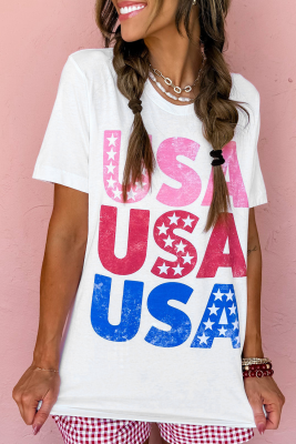 White USA Starry Letter Graphic Cotton Blend T Shirt