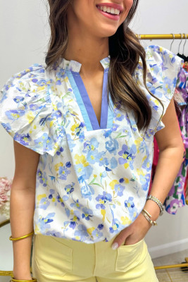 Sky Blue Floral Print Frilled Notched V Neck Blouse