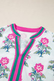 White Allover Print Contrast Split Neckline Short Puff Sleeve Curvy Dress