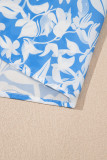 Sky Blue Floral V Neck Puff Short Sleeve Flowy Long Dress