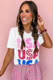 White USA Starry Letter Graphic Cotton Blend T Shirt
