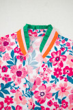 Pink Floral Print Contrast Striped Detail Short Sleeve Blouse