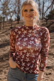 Red Mesh Star Print Mock Neck Sheath Long Sleeve Top