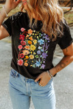 Black Beautiful Flower Print Cotton Blend Casual Tee