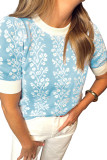 Sky Blue Contrast Floral Crewneck Short Sleeve Sweater