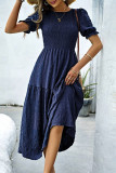 Sail Blue Solid Textured Smocked Puff Short Sleeve High Waist Long Dress