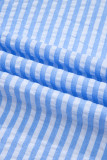 Sky Blue Striped Print Contrast Split Neck Dolman Sleeve Blouse