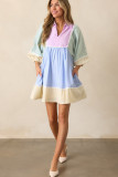 Multicolour Striped Patchwork Ric Rac Puff Sleeve Collared Mini Dress