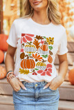 White Pumpkin Flower Print Fall Graphic Cotton Blend Tee
