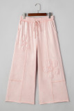 Pink Flower Patch Mineral Washed Terry Knit Cropped Wide Leg Pants