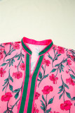 Pink Floral Contrast Neckline A-line Puff Sleeve Long Dress