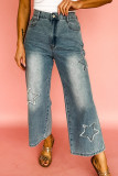 Stone Blue Star Patchwork Cropped Wide Leg High Waist Jeans