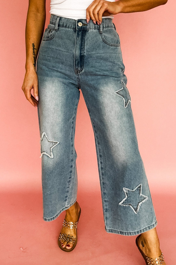 Stone Blue Star Patchwork Cropped Wide Leg High Waist Jeans