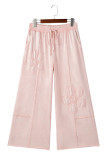 Pink Flower Patch Mineral Washed Terry Knit Cropped Wide Leg Pants