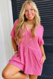Bright Pink Spiral Ribbed Short Sleeve V Neck Buttoned Romper with Pocket