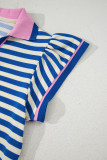 Dark Blue Stripe Print Contrast Collar Split Neck Flutter Sleeve Short Dress