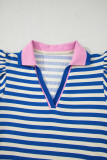 Dark Blue Stripe Print Contrast Collar Split Neck Flutter Sleeve Short Dress
