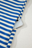 Dark Blue Stripe Print Contrast Collar Split Neck Flutter Sleeve Short Dress