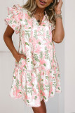 Pink Floral Contrast Edge Layered Short Sleeve Mini Dress
