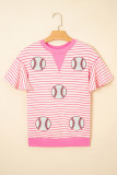 Sachet Pink Sequin Baseball Pattern Striped Ruffle Sleeve Round Neck Knit Top